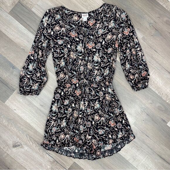 Mossimo Romper Floral Ruffle Hem Black Multi Small 3/4 Sleeve - Picture 12 of 13